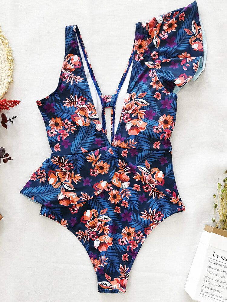 Maillot De Bain Une Pièce À Volants Asymétriques À Imprimé Floral Pour Femmes