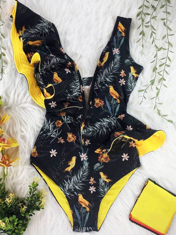 Maillot De Bain Une Pièce À Volants Asymétriques À Imprimé Floral Pour Femmes