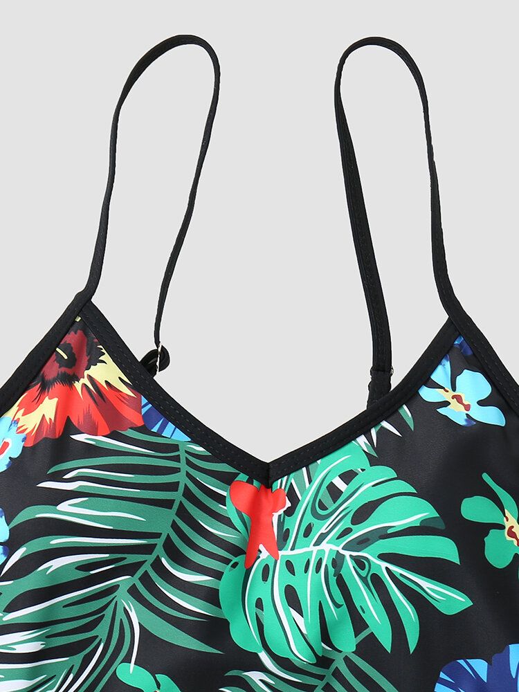 Maillots De Bain Bikinis À Col En V Rembourré Sans Fil À Motif De Feuilles Tropicales Pour Femmes