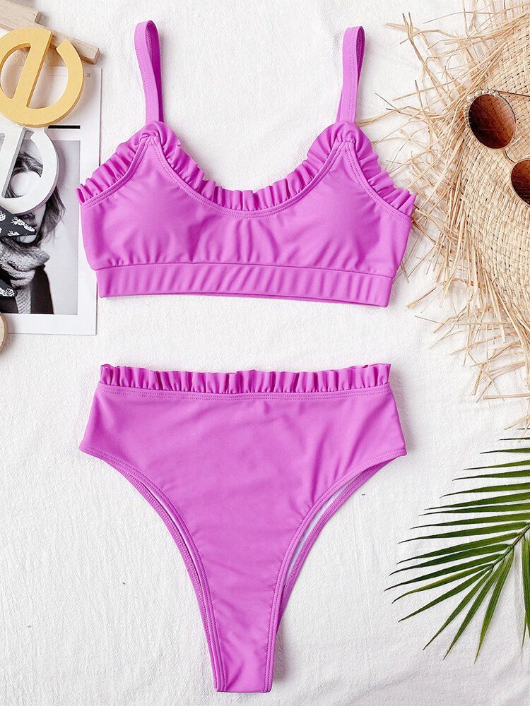 Maillots De Bain Bikinis Taille Haute À Volants De Couleur Unie Pour Femmes