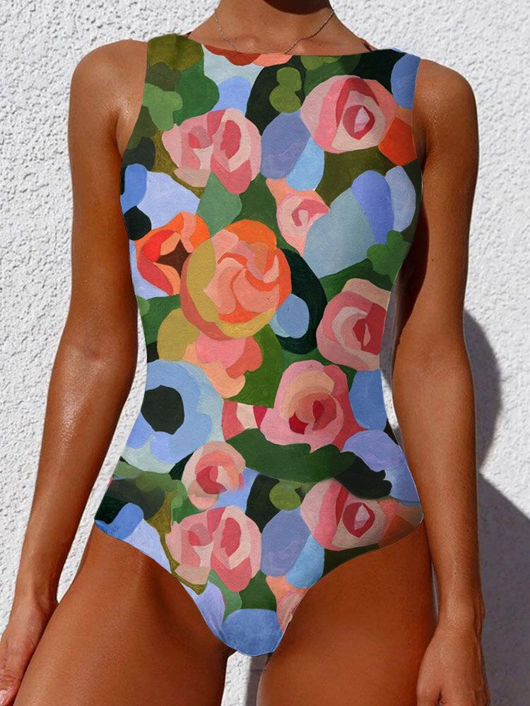 Maillots De Bain À Col Haut Sans Manches À Imprimé De Fleurs Abstraites De Vacances D'été