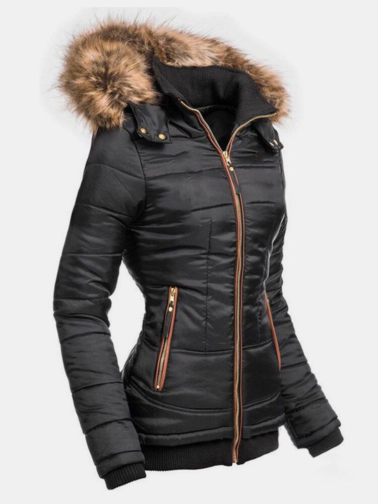 Manteau À Capuche Avec Col En Fausse Fourrure Et Fermeture Éclair Pour Femme Avec Poche