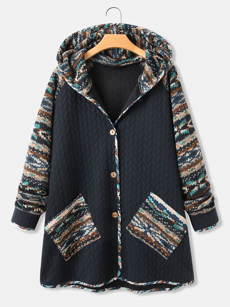 Manteau À Capuche Patchwork Imprimé Motif Ethnique Vintage Pour Femme Avec Poche