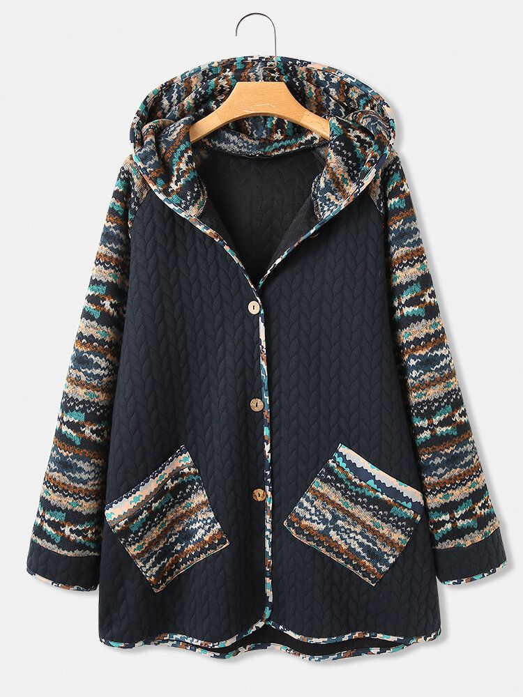 Manteau À Capuche Patchwork Imprimé Motif Ethnique Vintage Pour Femme Avec Poche