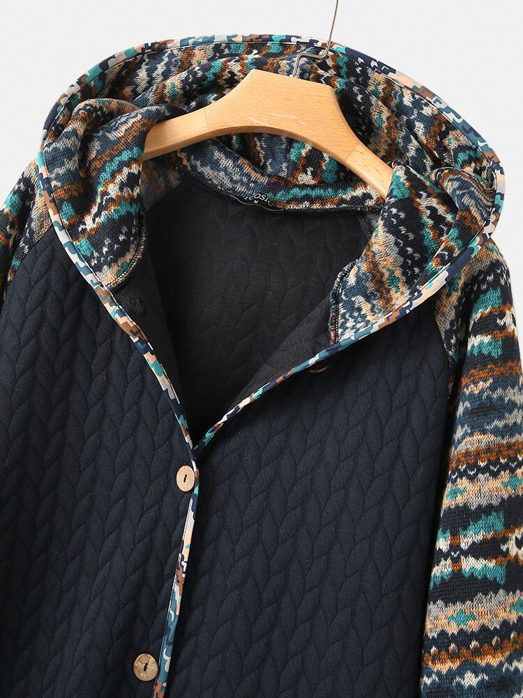 Manteau À Capuche Patchwork Imprimé Motif Ethnique Vintage Pour Femme Avec Poche