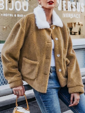 Manteau Chaud À Col Borg En Peluche De Couleur Unie Pour Femmes Avec Poche