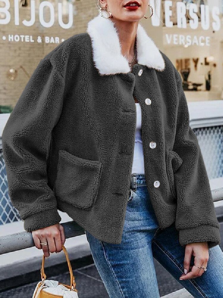 Manteau Chaud À Col Borg En Peluche De Couleur Unie Pour Femmes Avec Poche