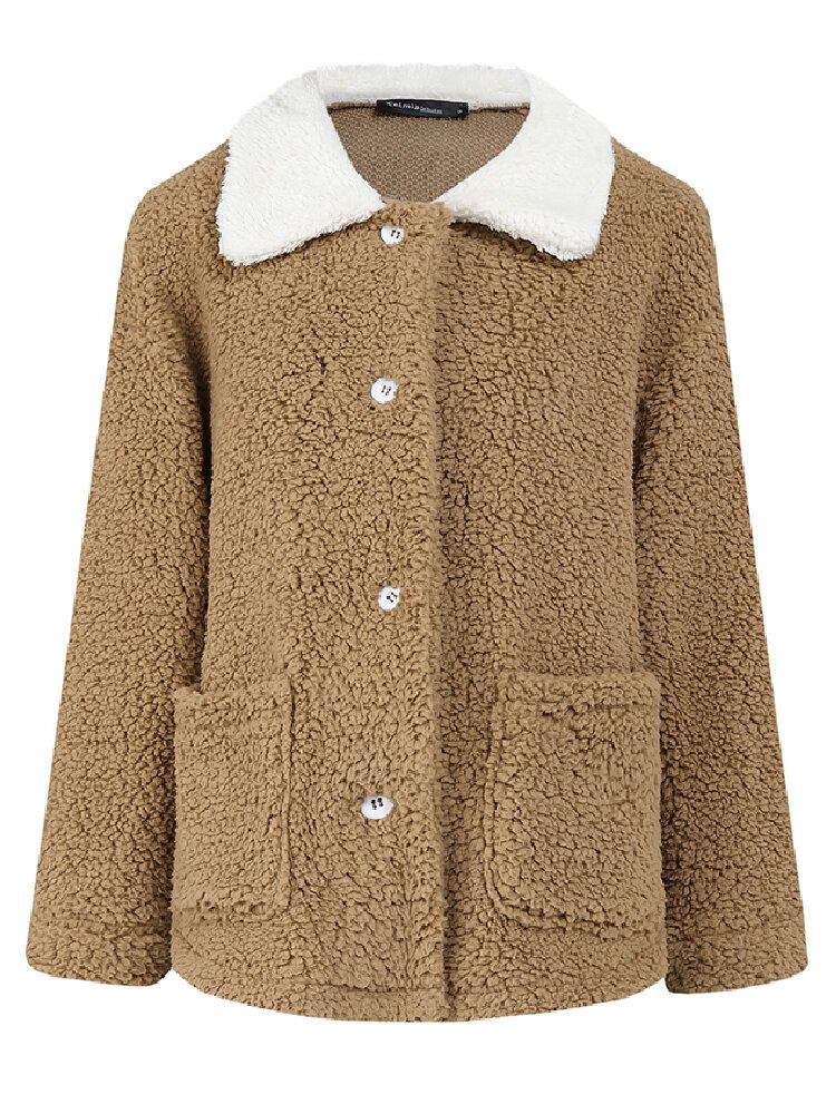 Manteau Chaud À Col Borg En Peluche De Couleur Unie Pour Femmes Avec Poche