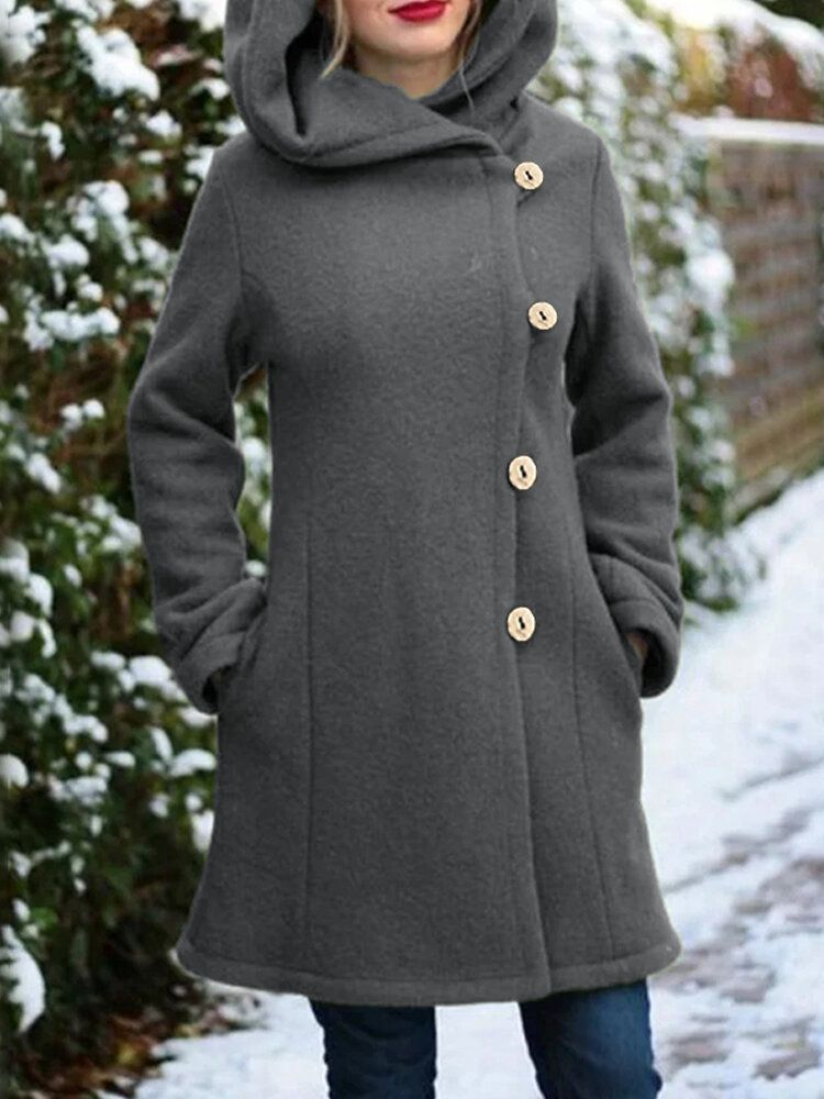 Manteau Chaud De Couleur Unie À Capuche Pour Femmes