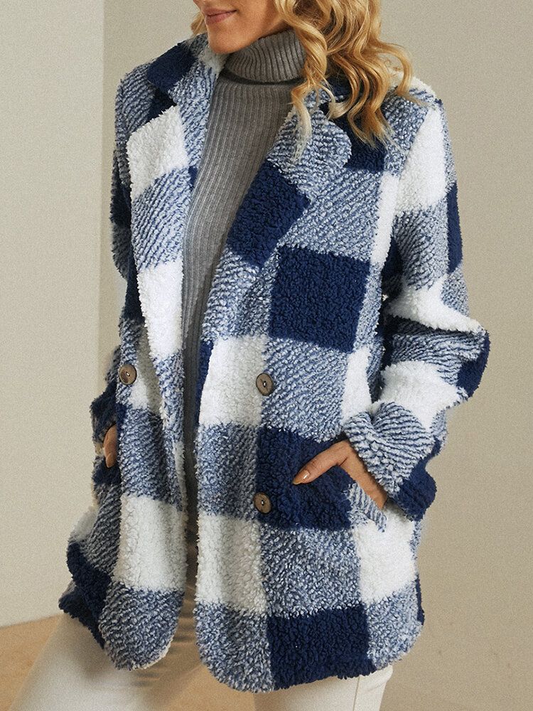 Manteau À Double Boutonnage Chaud Et Moelleux En Peluche Pour Femme Avec Poche