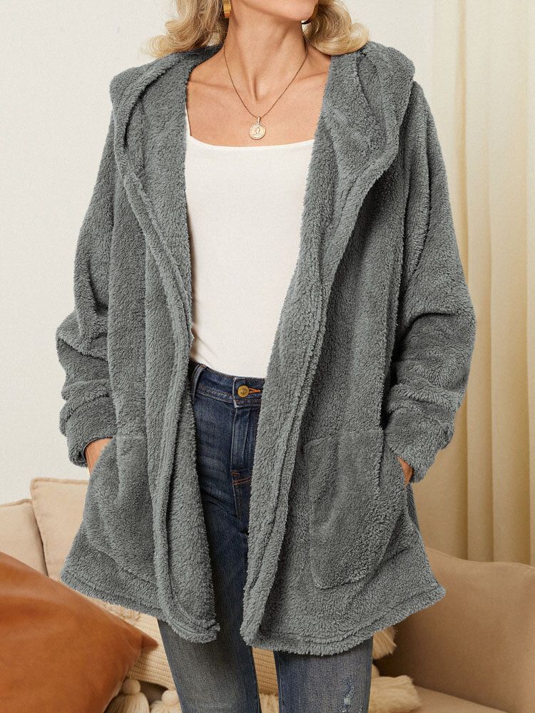 Manteau En Peluche Pour Femme Avec Poches Latérales Ouvertes Sweat À Capuche Décontracté