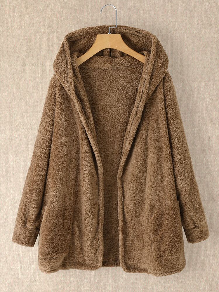 Manteau En Peluche Pour Femme Avec Poches Latérales Ouvertes Sweat À Capuche Décontracté