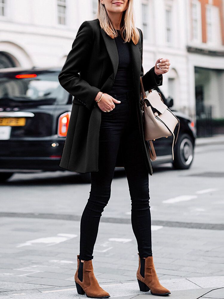 Manteau À Revers Uni À Manches Longues Pour Femmes