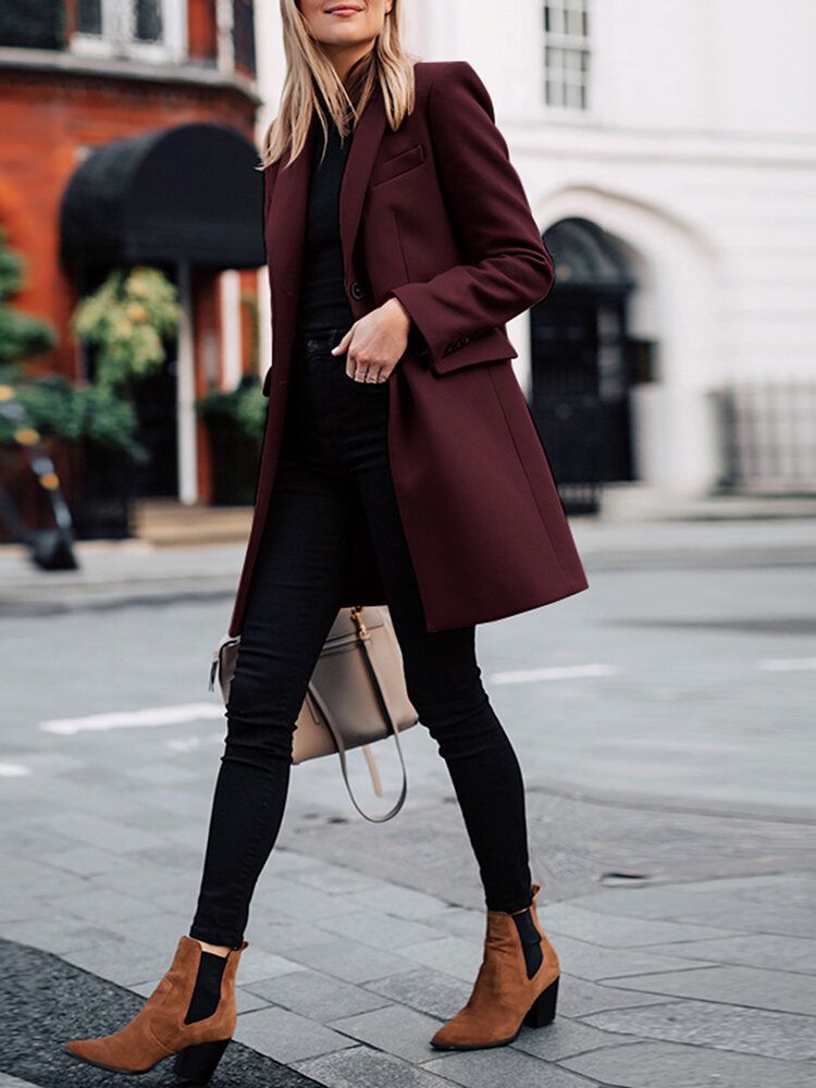 Manteau À Revers Uni À Manches Longues Pour Femmes