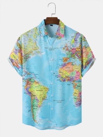 Men Allover Map Graphic Hem Cuff Leisure Fit Skin-friendly All Matched Shirts