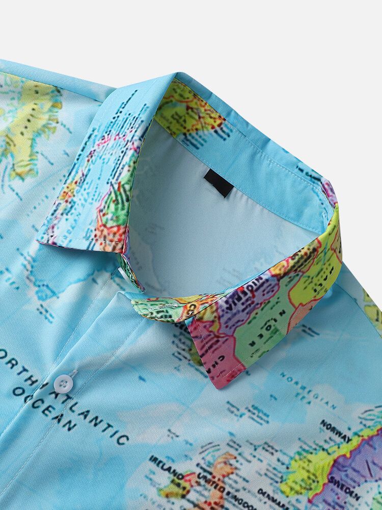 Men Allover Map Graphic Hem Cuff Leisure Fit Skin-friendly All Matched Shirts