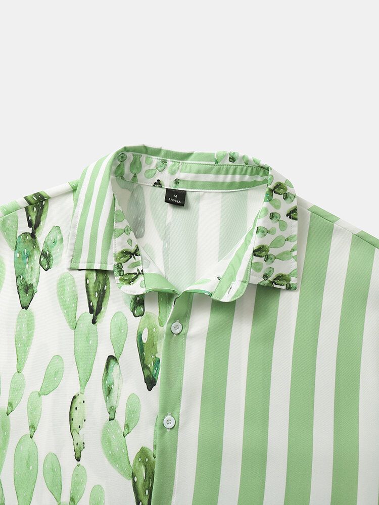 Men Cactus Stitching Striped Respirant All Matched Skin Friendly Shirts