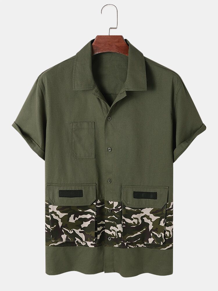 Men Camo Patchwork Utility Short Sleeve Cargo All Matched Skin Friendly Shirts