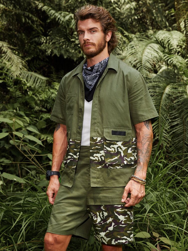 Men Camo Patchwork Utility Short Sleeve Cargo All Matched Skin Friendly Shirts