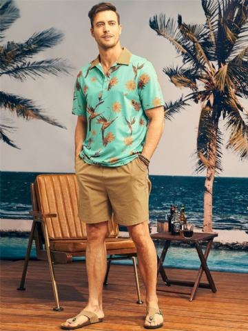 Men Floral Pattern Hit Neck Short Sleeve Two Pieces Outfits