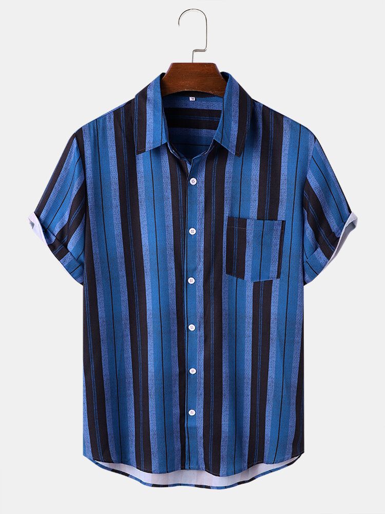 Men Hit Striped Pocket Soft Respirant All Matched Skin Friendly Shirts