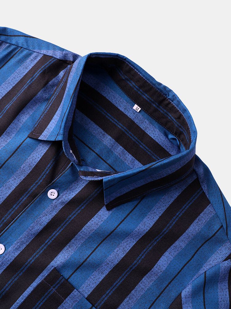 Men Hit Striped Pocket Soft Respirant All Matched Skin Friendly Shirts