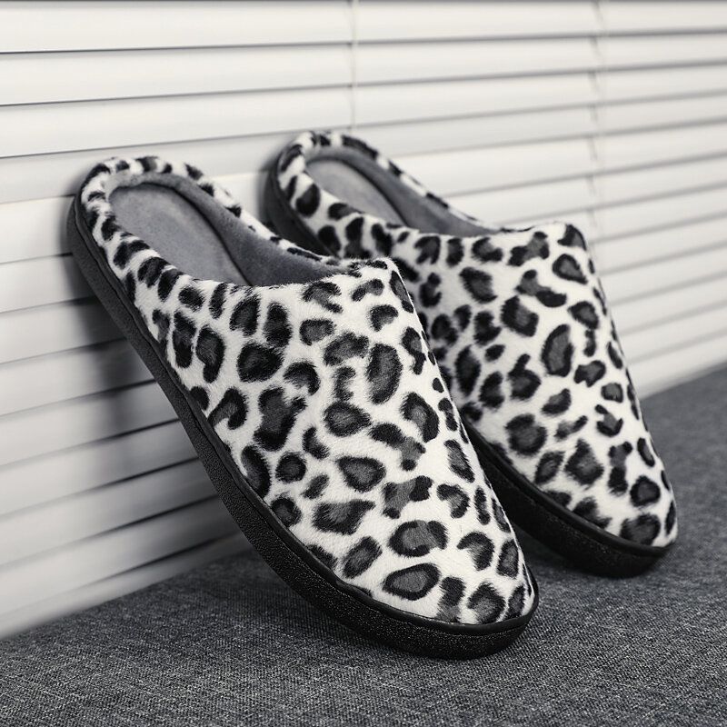 Men Leopard Cotton Warm Non Slip Wearable Sole Slip-on Home Slipper