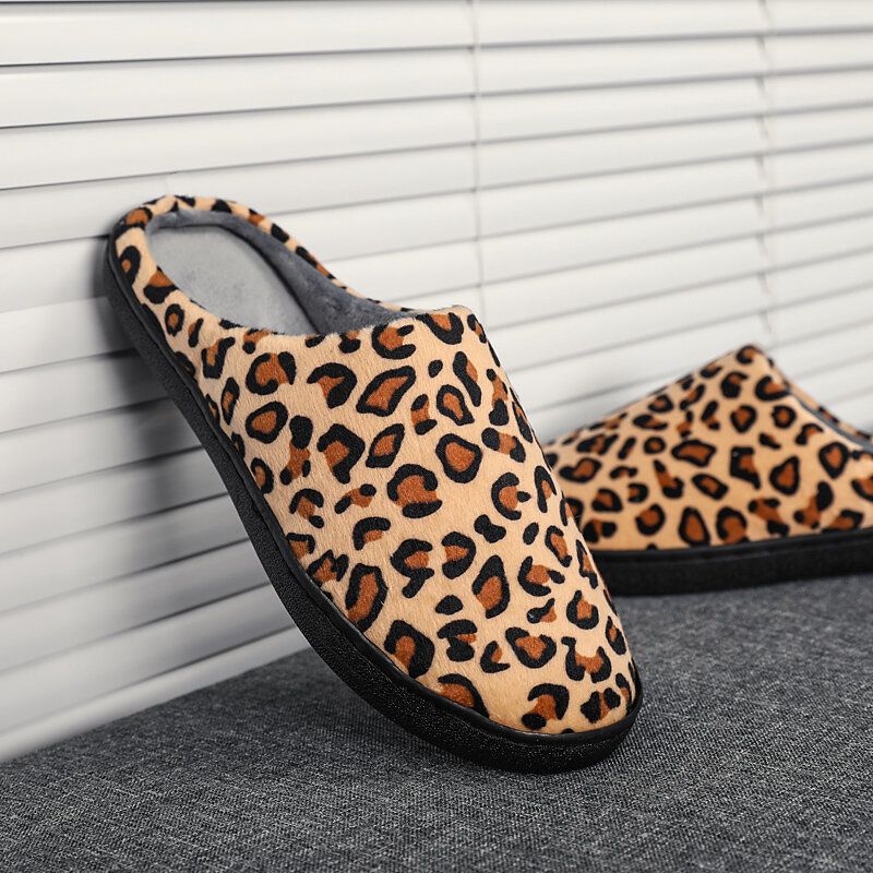 Men Leopard Cotton Warm Non Slip Wearable Sole Slip-on Home Slipper