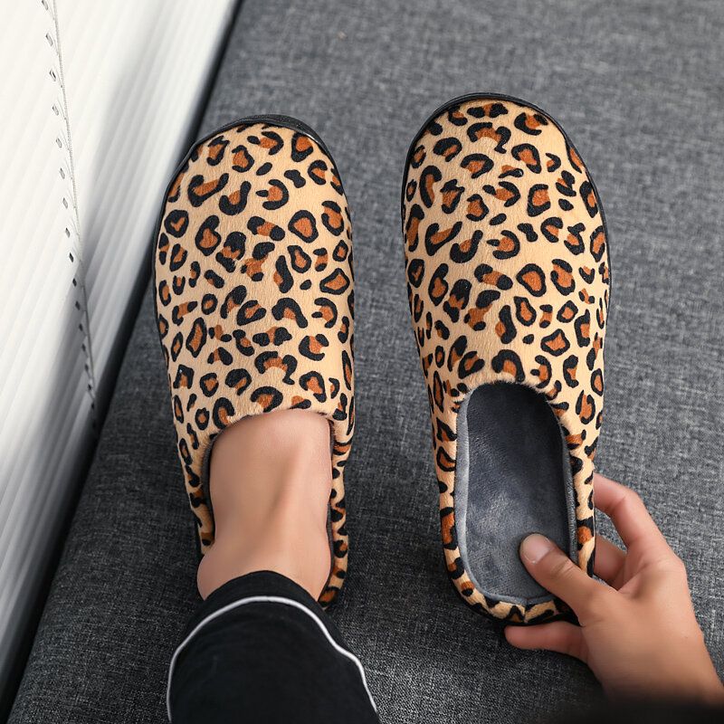 Men Leopard Cotton Warm Non Slip Wearable Sole Slip-on Home Slipper