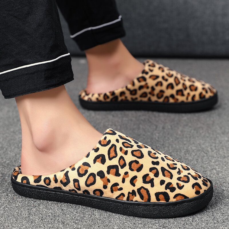 Men Leopard Cotton Warm Non Slip Wearable Sole Slip-on Home Slipper