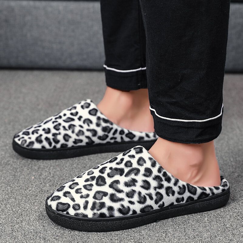 Men Leopard Cotton Warm Non Slip Wearable Sole Slip-on Home Slipper