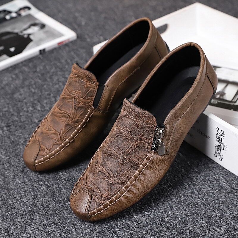 Men Side Zipper Folds Microfiber Leather Casual Flat Driving Shoes