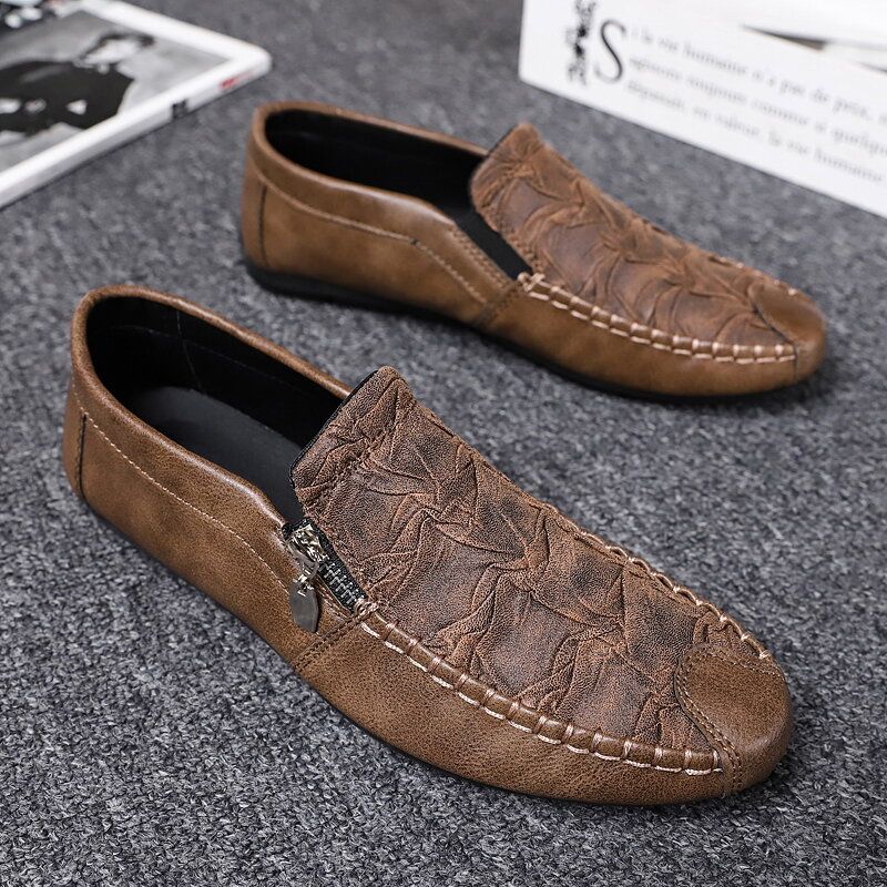 Men Side Zipper Folds Microfiber Leather Casual Flat Driving Shoes