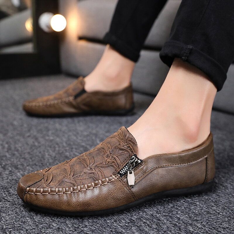 Men Side Zipper Folds Microfiber Leather Casual Flat Driving Shoes