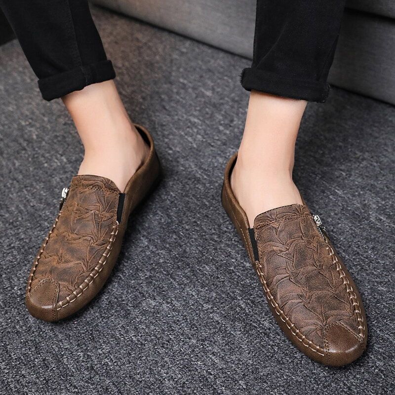 Men Side Zipper Folds Microfiber Leather Casual Flat Driving Shoes