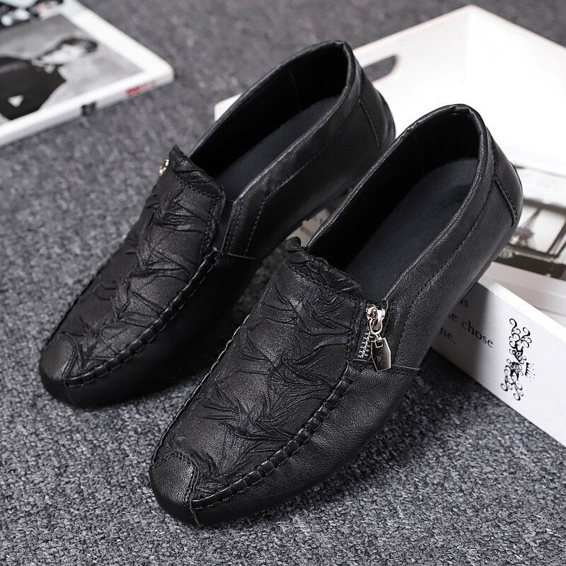 Men Side Zipper Folds Microfiber Leather Casual Flat Driving Shoes