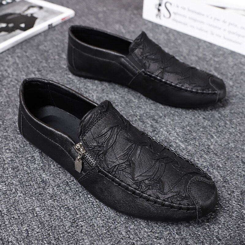 Men Side Zipper Folds Microfiber Leather Casual Flat Driving Shoes