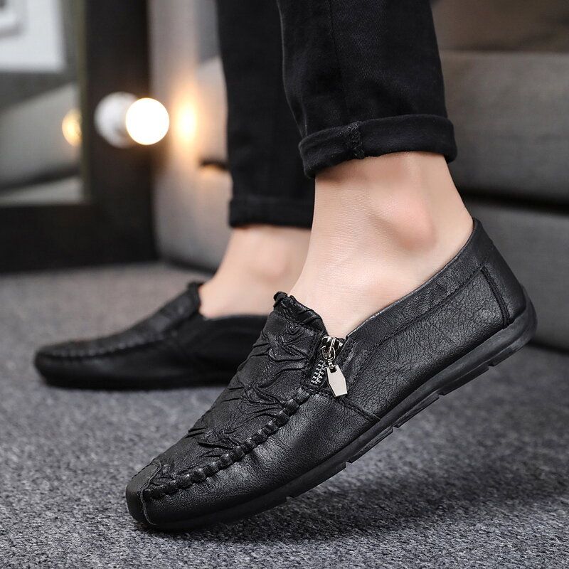 Men Side Zipper Folds Microfiber Leather Casual Flat Driving Shoes