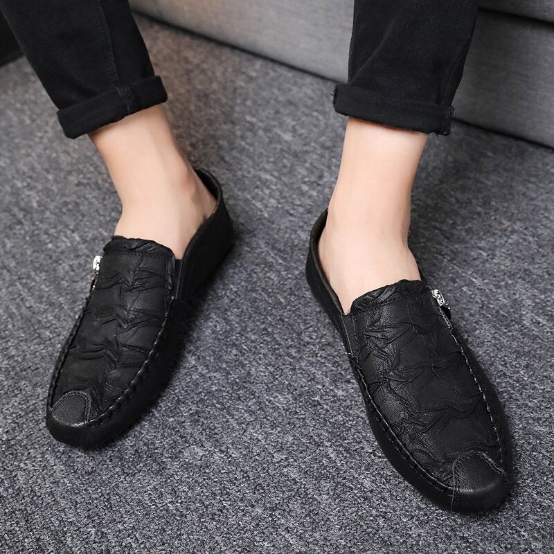 Men Side Zipper Folds Microfiber Leather Casual Flat Driving Shoes