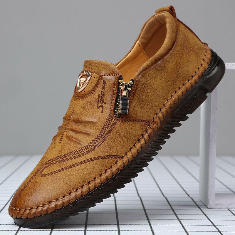 Men Side Zipper Letter Hand Stitching Hard Wear Casual Shoes