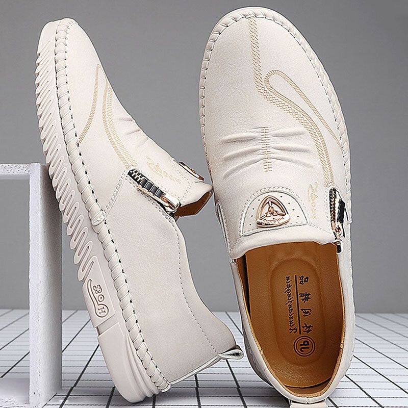 Men Side Zipper Letter Hand Stitching Hard Wear Casual Shoes