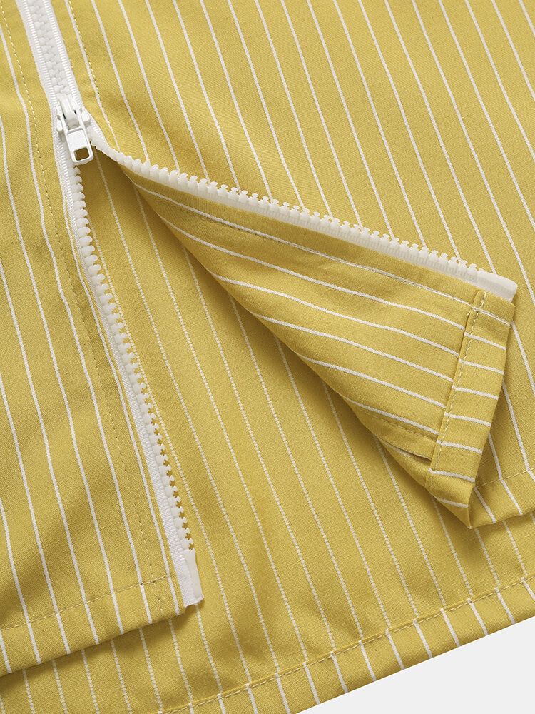 Men Striped Light Front Double Zipper Pullers Flat Pocket Stitching Graceful All Matched Shirts