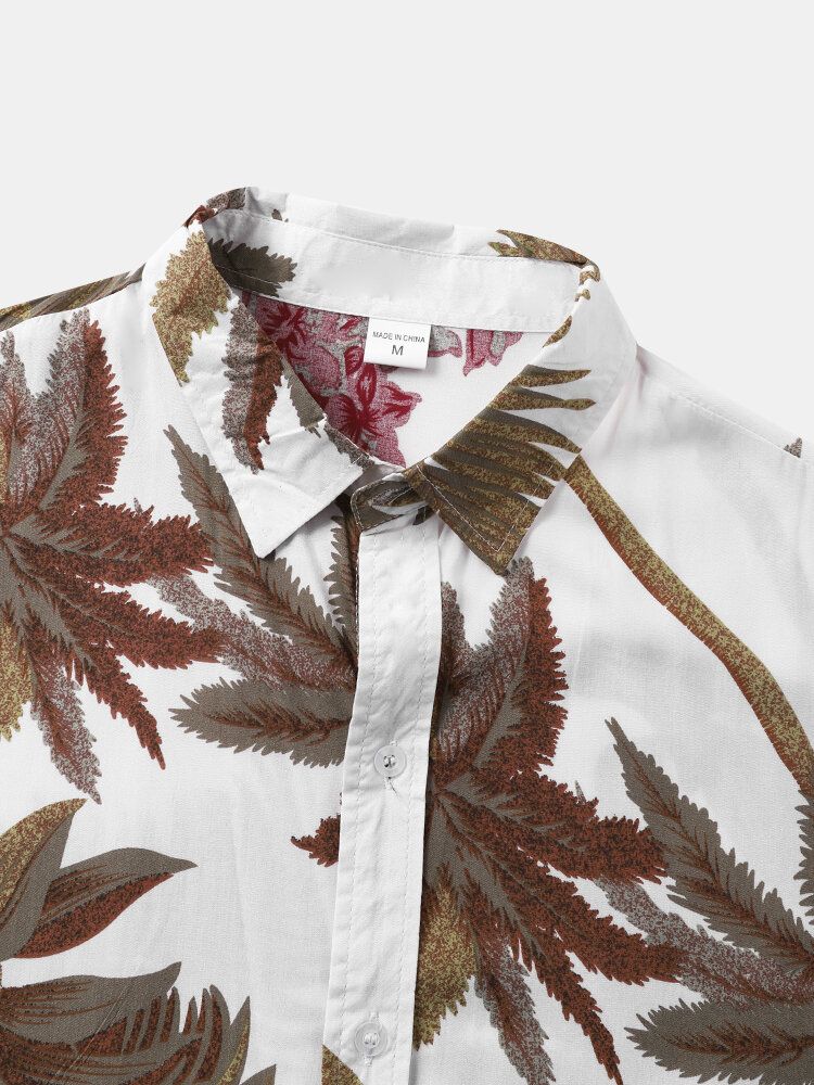 Men Tropical Leaf Hawaii Style Casual Skin Friendly Matching Soft Shirts