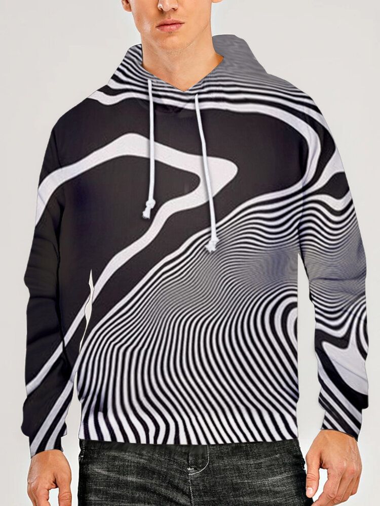 Mens All Over 3d Irregular Stripes Print Casual Drawstring Hoodies