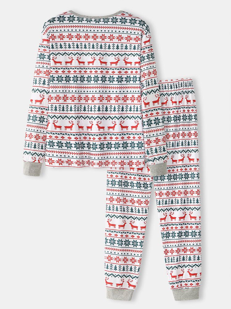 Mens Allover Elk Snowflake Print Christmas Round Neck Jogger Pants Loose Home Pyjamas Set