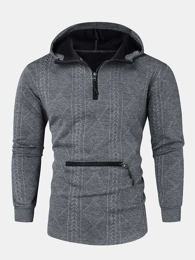 Mens Argyle Jacquard Knit Quarter Zip Cotton Pulls À Capuche Décontractés Avec Poche