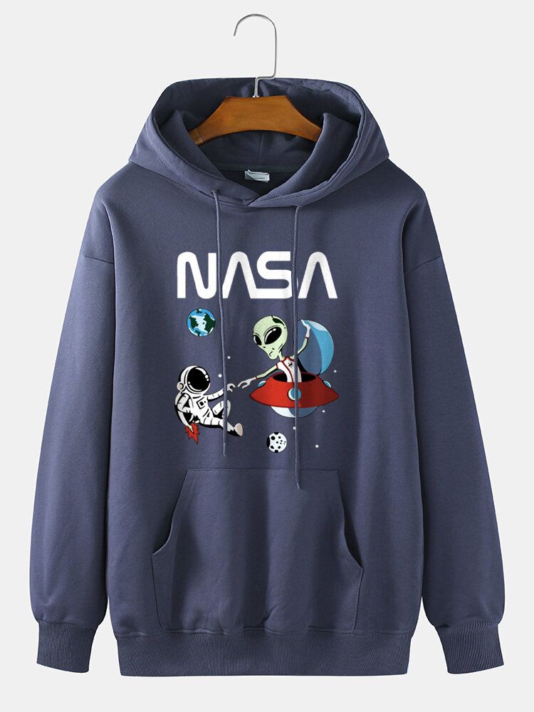 Mens Astronaut Alien Cartoon Print 100% Coton Casual Loose Pullover Hoodie