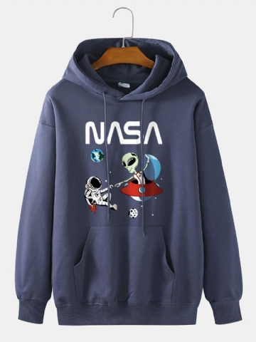 Mens Astronaut Alien Cartoon Print 100% Coton Casual Loose Pullover Hoodie