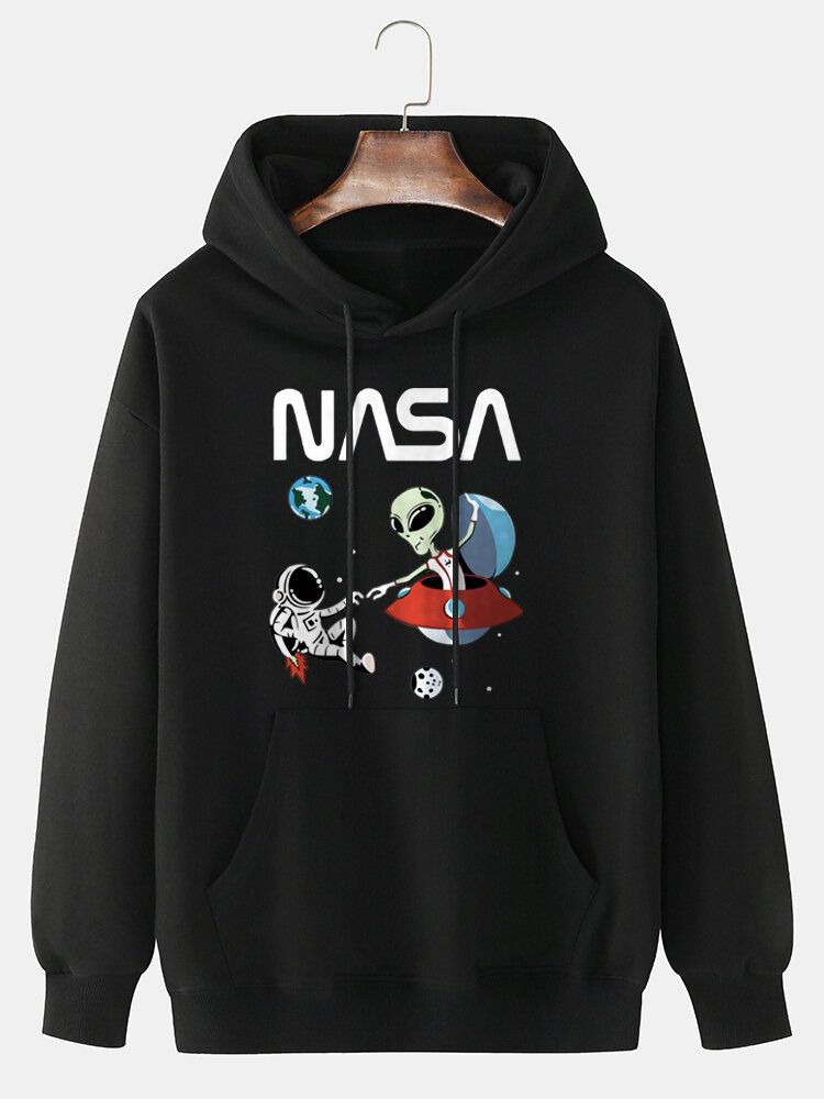 Mens Astronaut Alien Cartoon Print 100% Coton Casual Loose Pullover Hoodie