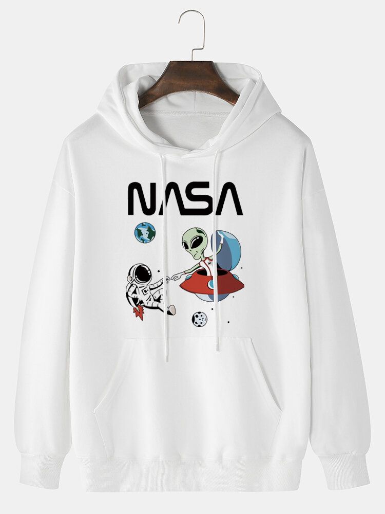 Mens Astronaut Alien Cartoon Print 100% Coton Casual Loose Pullover Hoodie